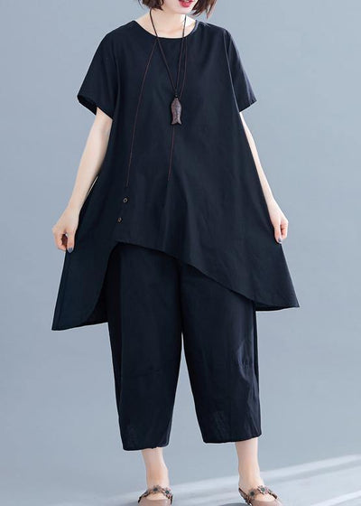 New loose women's fashion black cotton and linen irregular shirt + pants casual suit