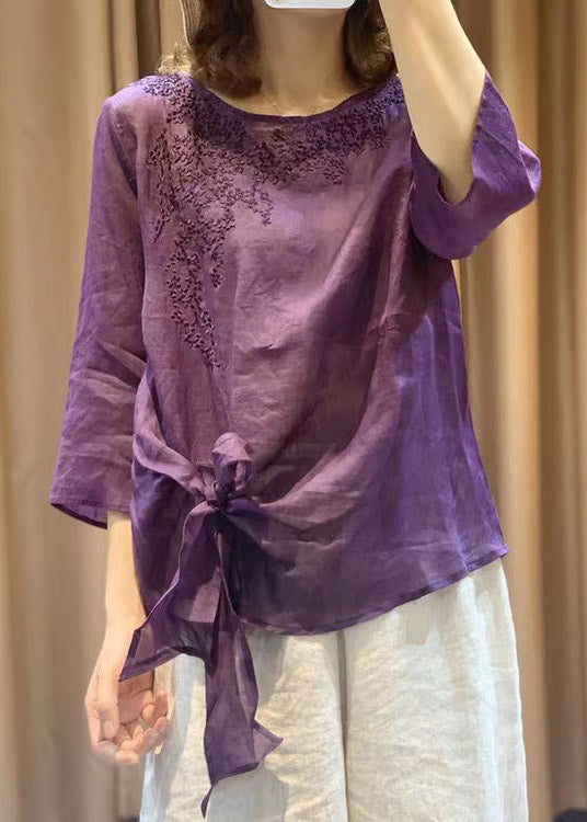 Novelty Purple O-Neck Embroideried Floral Tie Waist Linen Top Long Sleeve