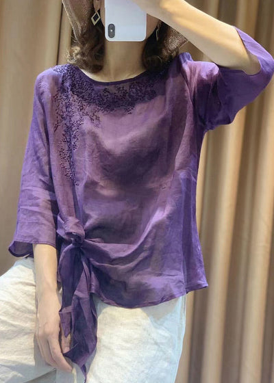 Novelty Purple O-Neck Embroideried Floral Tie Waist Linen Top Long Sleeve