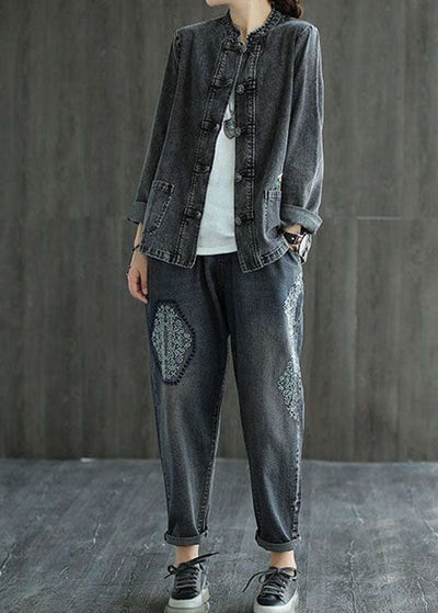 Organic Black Embroideried Patchwork Chinese Button Denim Coats Spring