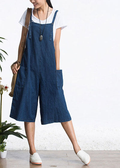 Organic Blue Pockets Solid Color Cotton Denim Jumpsuits Wide Leg Pants Summer