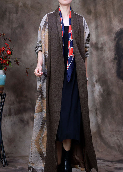 Organic Chocolate V Neck Print asymmetrical design Patchwork Fall Woolen Coat Long sleeve