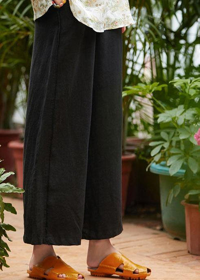 Organic black linen clothes For Women pockets long elastic waist wide leg pants