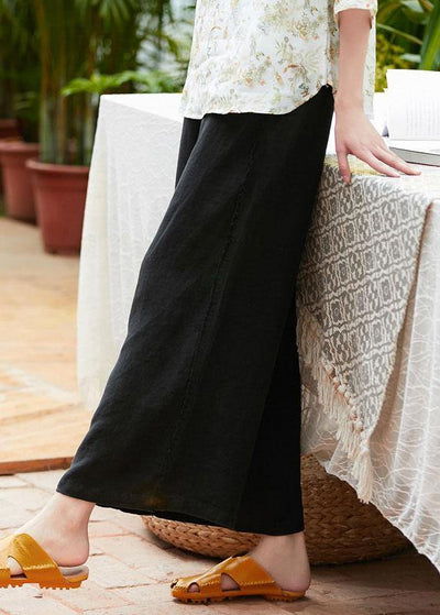Organic black linen clothes For Women pockets long elastic waist wide leg pants