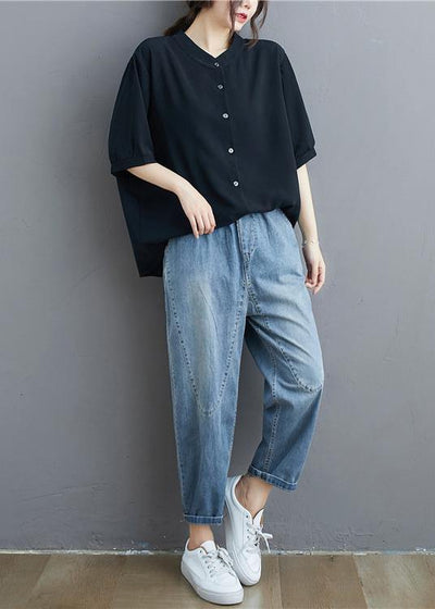 Organic black linen tunic top Fashion stand collar summer blouse
