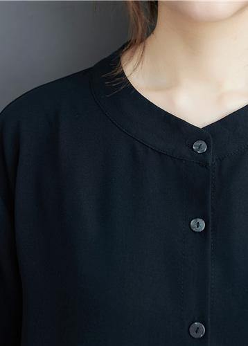 Organic black linen tunic top Fashion stand collar summer blouse