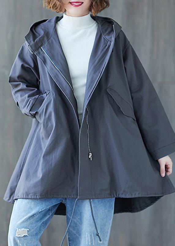 Organic dark gray hooded cotton Blouse drawstring hem tunic fall shirt