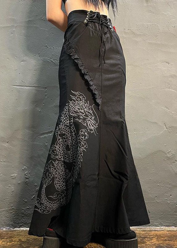 Oriental Black Patchwork Print Cotton High Waist Skirt Summer