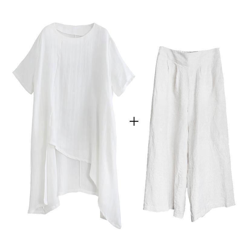 Original large size irregular cotton and linen suit female long section was thin white shirt wild wide-leg pants