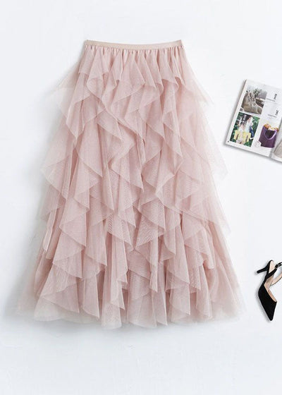 Pink Patchwork Tulle Skirts Wrinkled Asymmetrical Spring