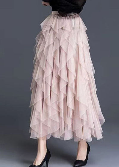 Pink Patchwork Tulle Skirts Wrinkled Asymmetrical Spring
