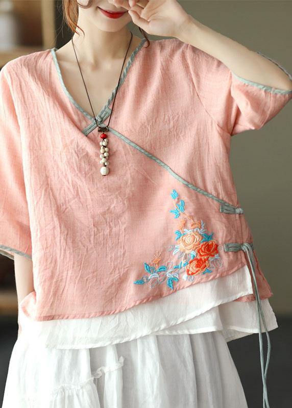 Pink V Neck Embroideried Summer Ramie Half Sleeve Tops