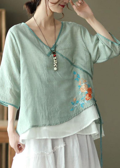 Pink V Neck Embroideried Summer Ramie Half Sleeve Tops