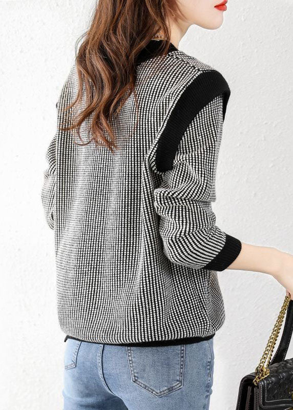 Plus Size Black V Neck Plaid Knit Sweater Tops Winter