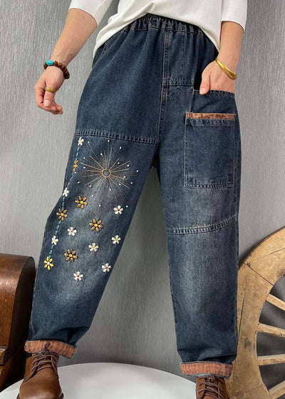 Plus Size Blue Embroideried Pockets denim Pants Spring