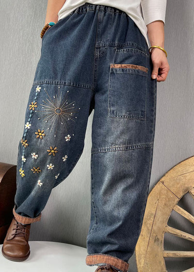 Plus Size Blue Embroideried Pockets denim Pants Spring