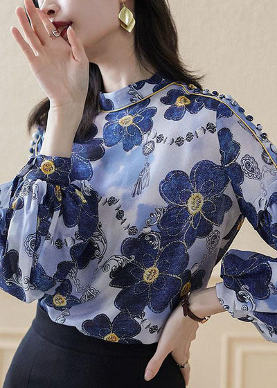 Plus Size Blue Stand Collar button print Silk Shirt Top Spring