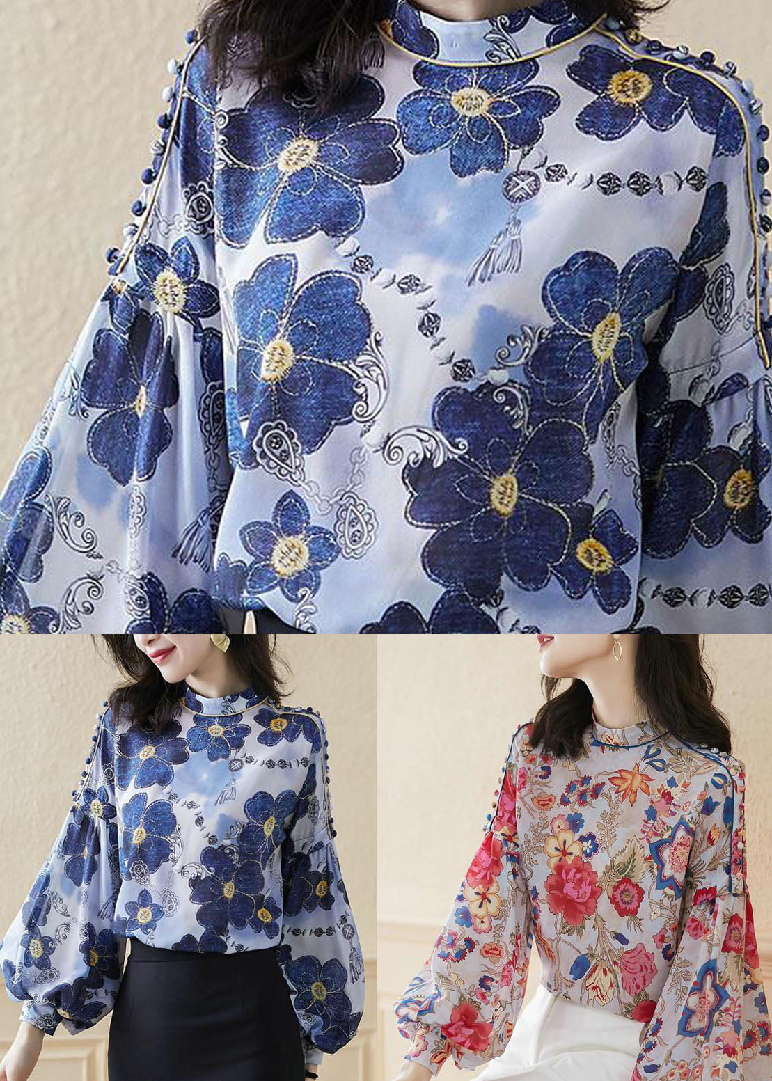 Plus Size Blue Stand Collar button print Silk Shirt Top Spring