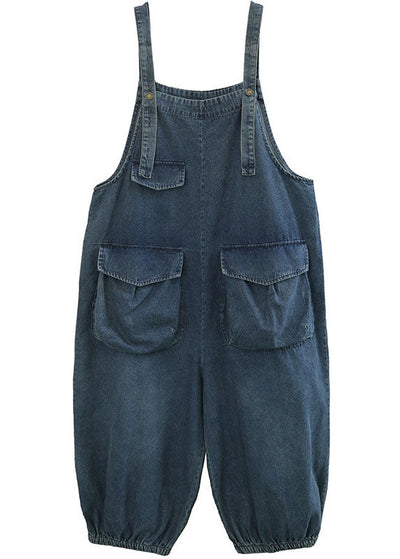 Plus Size Blue pockets Cotton denim Jumpsuit Spring