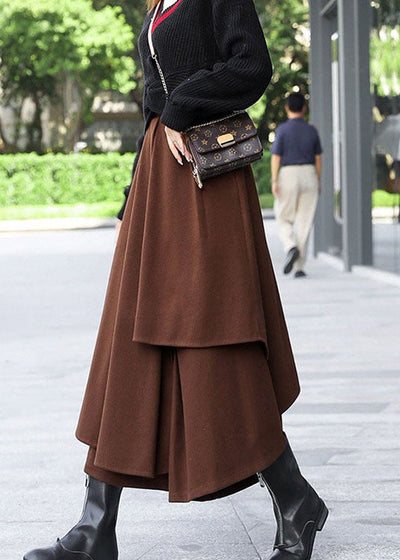 Plus Size Brown Asymmetrical Patchwork Woolen Skirts Winter