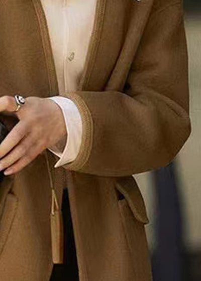 Plus Size Caramel V Neck Button Pockets Patchwork Woolen Coats Long Sleeve