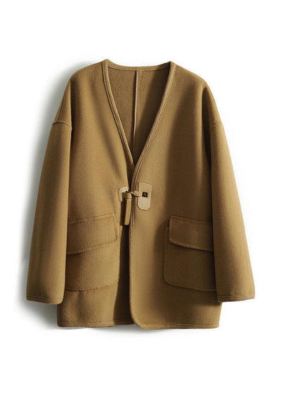 Plus Size Caramel V Neck Button Pockets Patchwork Woolen Coats Long Sleeve
