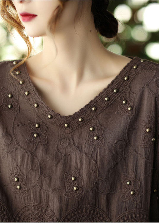 Plus Size Chocolate Casual Embroideried Hollow Out Fall Long sleeve Shirt Tops