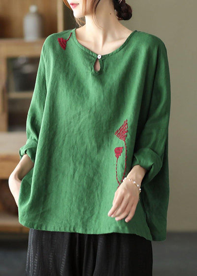 Plus Size Green Loose Embroideried Fall Linen Shirt Tops Long Sleeve