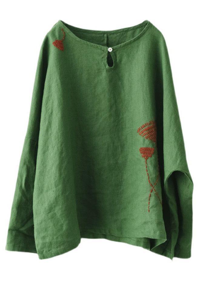 Plus Size Green Loose Embroideried Fall Linen Shirt Tops Long Sleeve