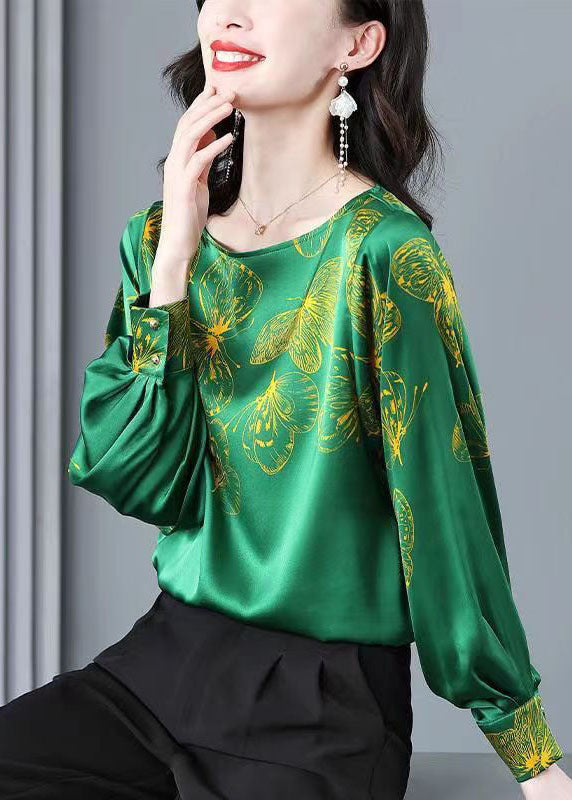 Plus Size Green O-Neck Butterfly Print Silk Blouse Tops Long Sleeve