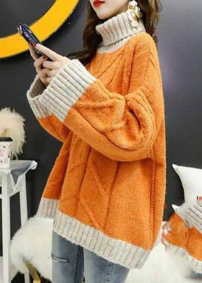 Plus Size Orange Turtle Neck Patchwork Knit Knitted Tops Winter