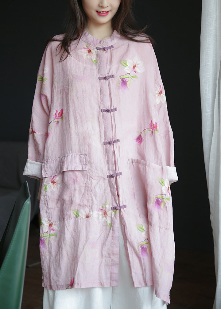 Plus Size Pink Stand Collar Print Button Ramie Long Coats Spring