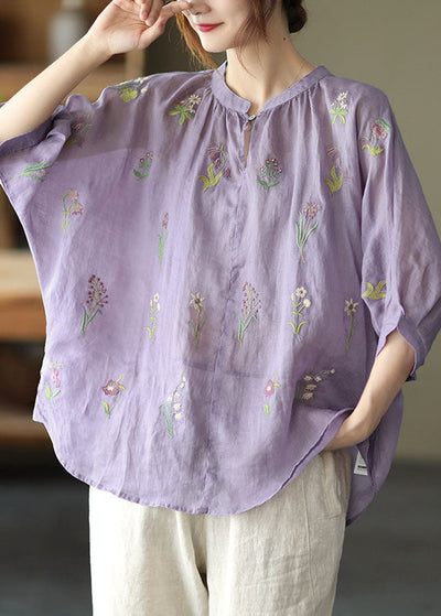 Plus Size Purple Embroideried Loose Fall Three Quarter sleeve Top