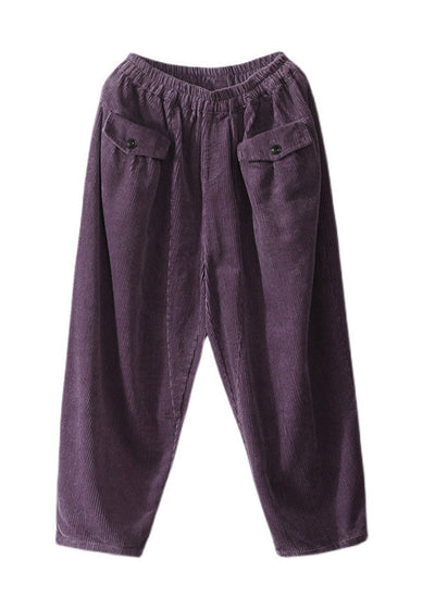 Plus Size Purple elastic waist Pockets Corduroy Pants Spring