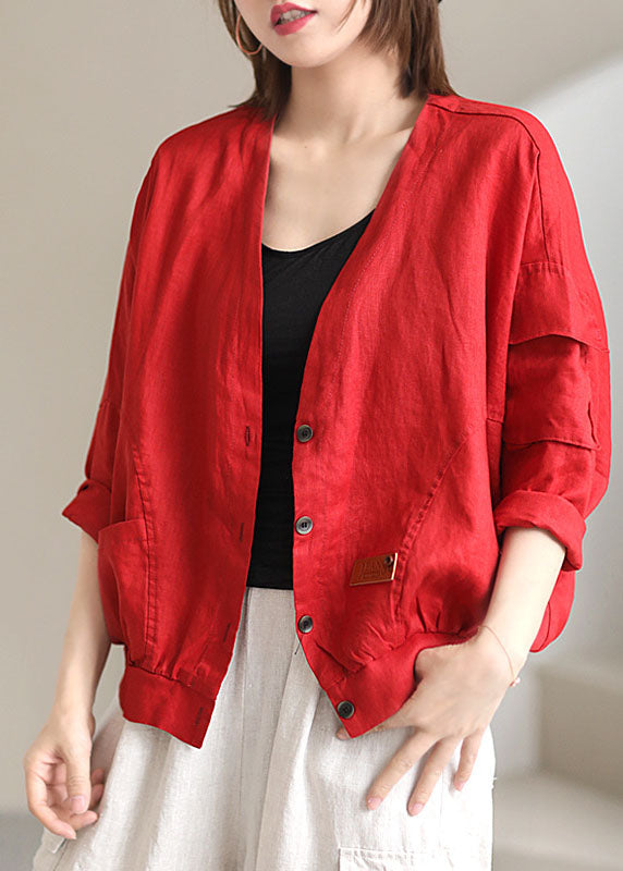 Plus Size Red V Neck Pockets Fall Coats Long sleeve