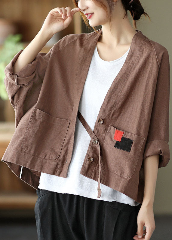 Plus Size Women Chocolate V Neck Casual Coat Spring