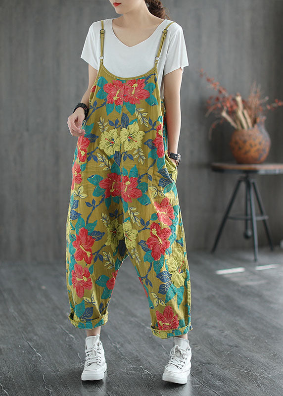 Plus Size Yellow Oversized Print Cotton Jumpsuit Ripped Jeans Spring