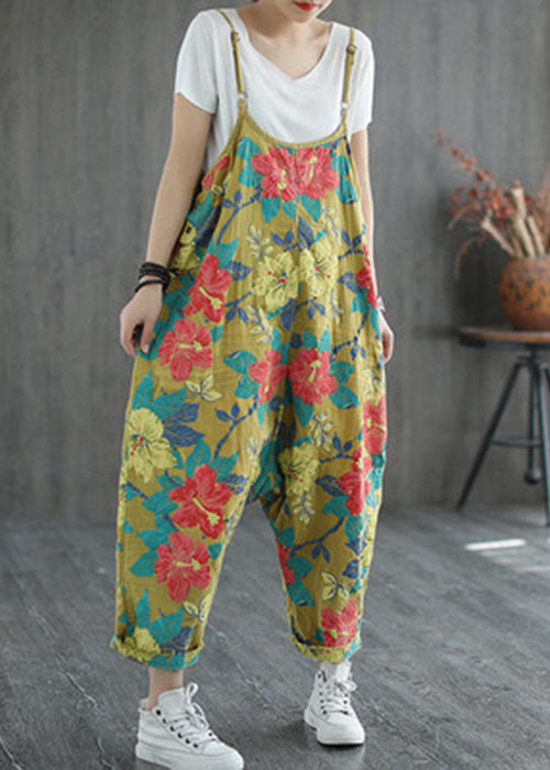 Plus Size Yellow Oversized Print Cotton Jumpsuit Ripped Jeans Spring