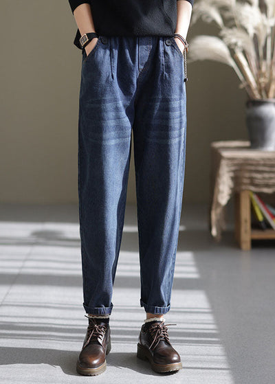 Plus size Blue elastic waist Pockets harem pants Spring