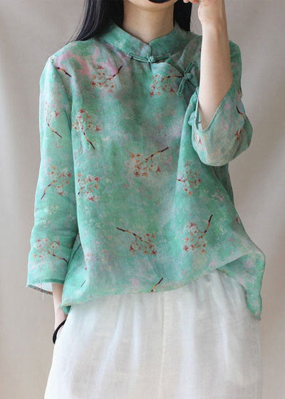 Plus size Light Green button Stand Collar print tops Spring