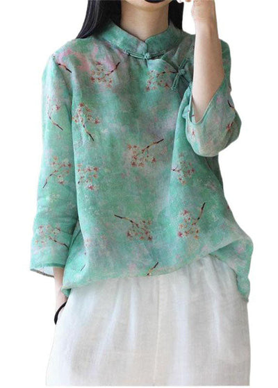 Plus size Light Green button Stand Collar print tops Spring