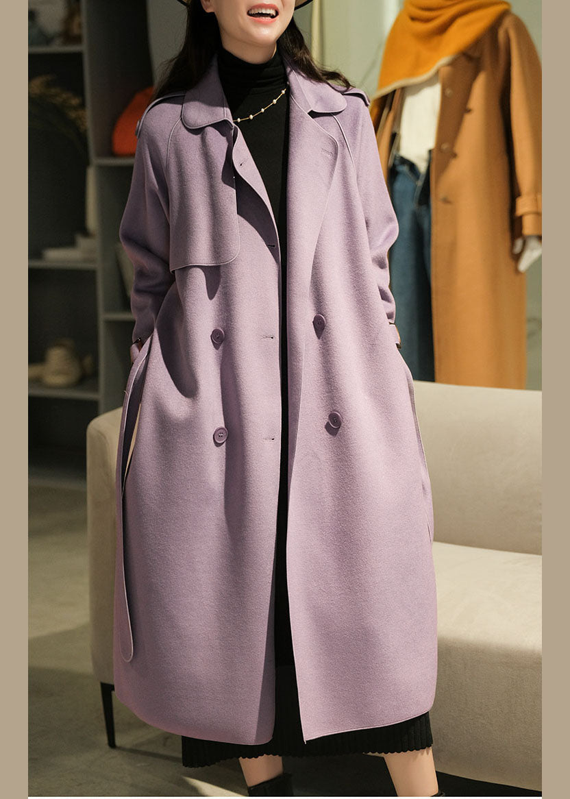 Purple Solid Color Woolen Trench Coats Peter Pan Collar Winter