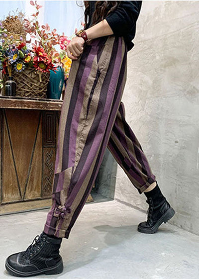 Purple Striped Patchwork Cotton harem pants Spring