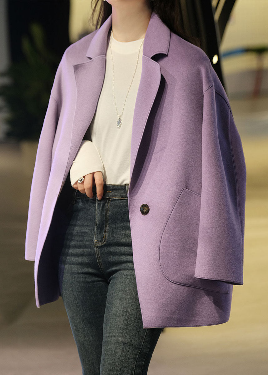Purple Woolen Loose Coats Notched Collar Solid Winter