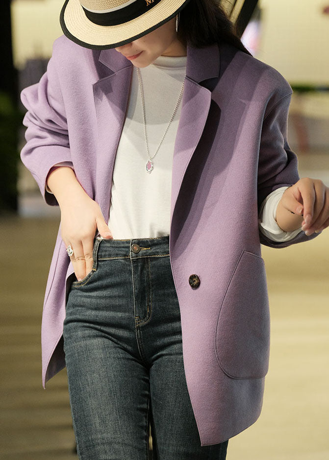 Purple Woolen Loose Coats Notched Collar Solid Winter