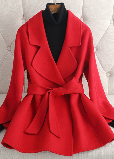 Red Notched Tie Waist Woolen Coats Fall