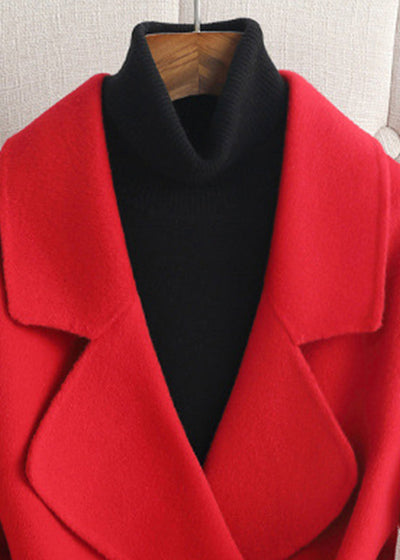 Red Notched Tie Waist Woolen Coats Fall