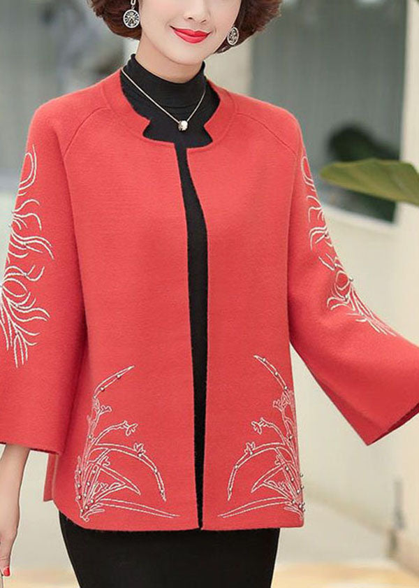 Red Print Woolen Cardigans O-Neck Oversized Nail Bead Long Sleeve
