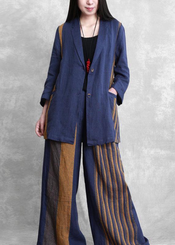 Retro fashion blue two-piece suit female casual small suit + wide-leg pants autumn style