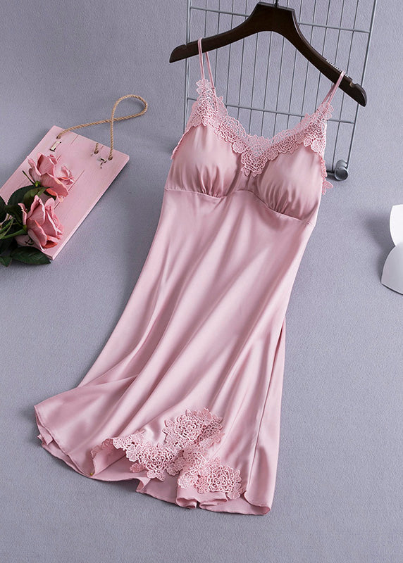 Sexy Pink V Neck Hollow Out Silk Mid Dress Summer